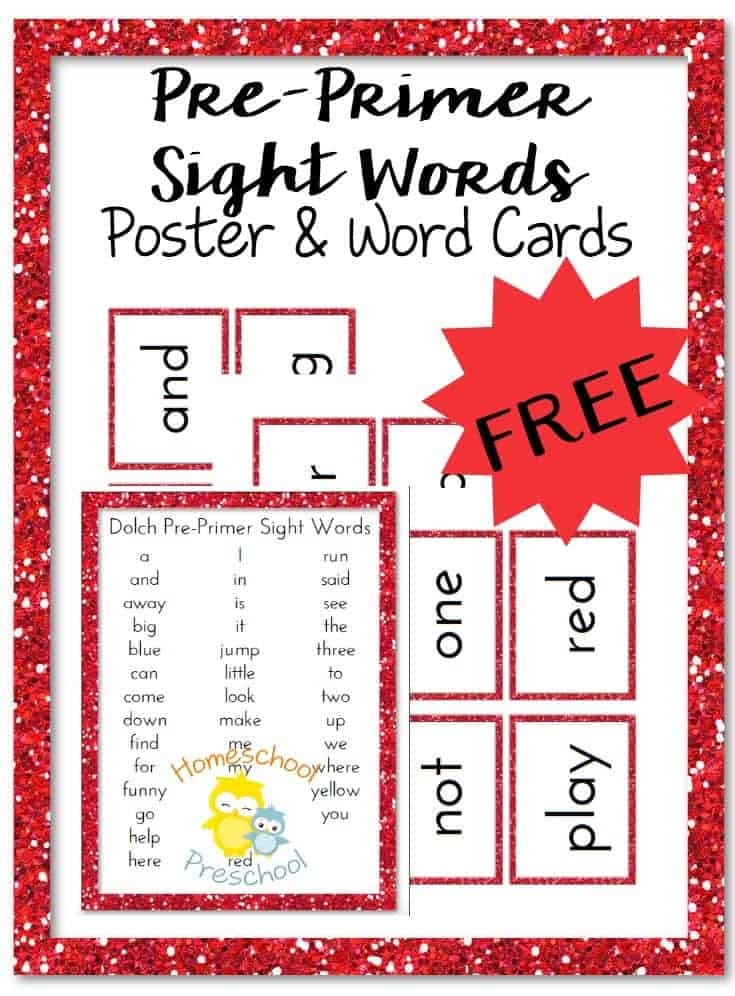 Download these FREE pre-primer sight word cards and poster to use with your beginning readers. | homeschoolpreschool.net
