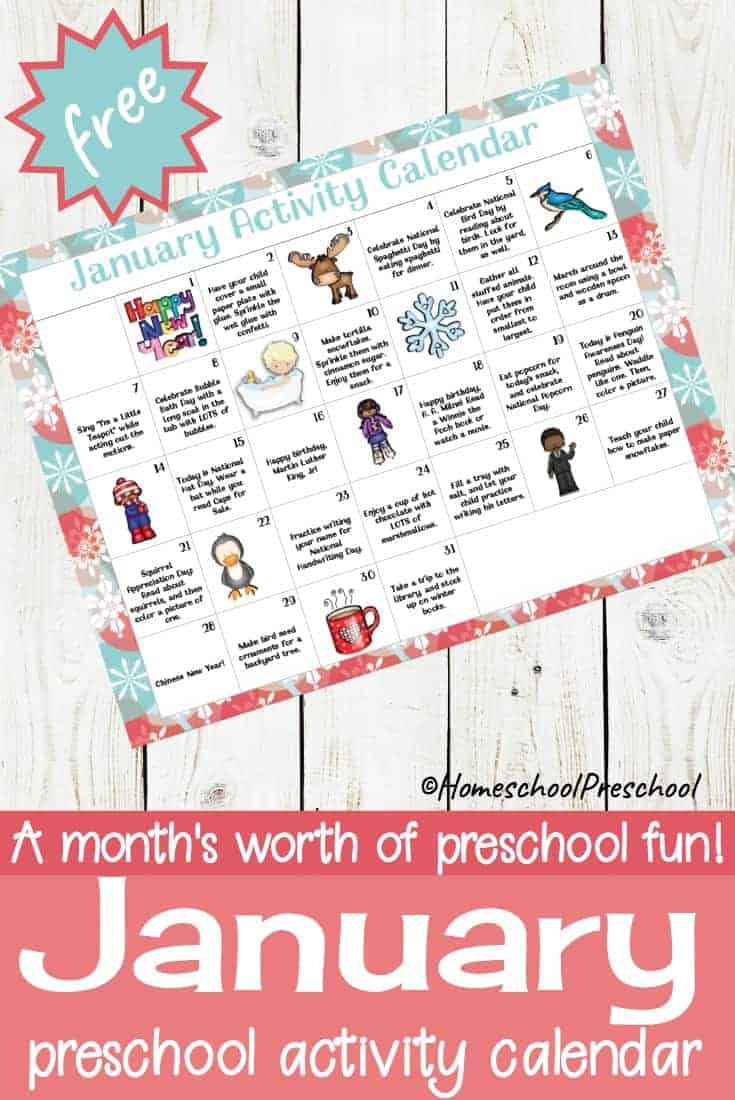 A free preschool activity calendar for January! Celebrate holidays and special days with books, printables, and hands-on activities for little ones.