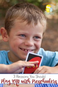 UNO is a fun and lively game. Come discover three reasons why you should include your preschoolers in your next UNO game! @homeschlprek
