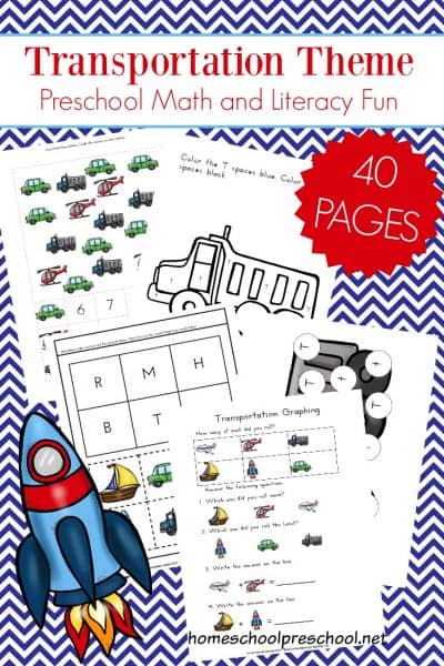FREE transportation theme preschool printables! This worksheet pack is full of preschool math and preschool literacy activities. They're perfect for your homeschool preschool lessons!