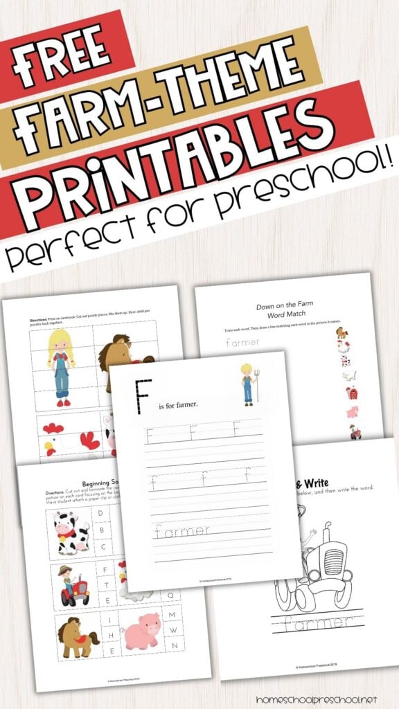 Free farm theme printables for preschool featuring worksheets like letter tracing (F is for farmer), word matching, beginning sounds, and farm animal activities for early learning.