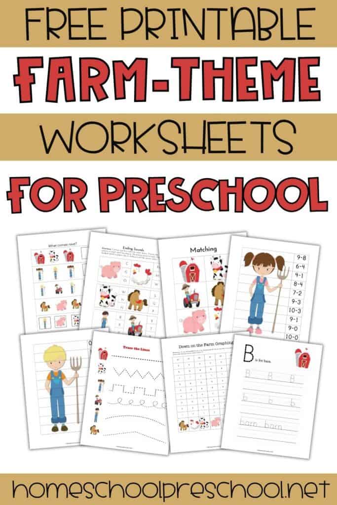 Free printable farm theme worksheets for preschool featuring sample pages like tracing lines, matching, addition, graphing, and letter practice with farm animals, designed for early learning activities.