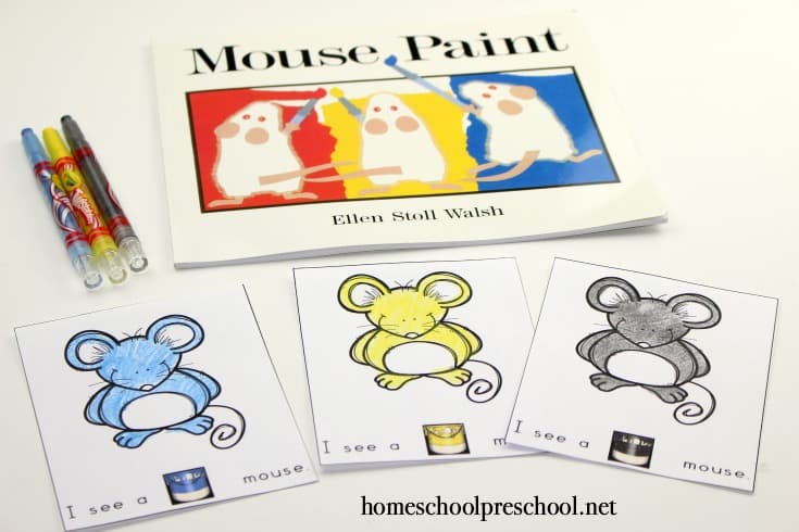 These Mouse Paint preschool activities are great follow-ups to reading Ellen Stoll Walsh's story about three white mice and some jars of paint.