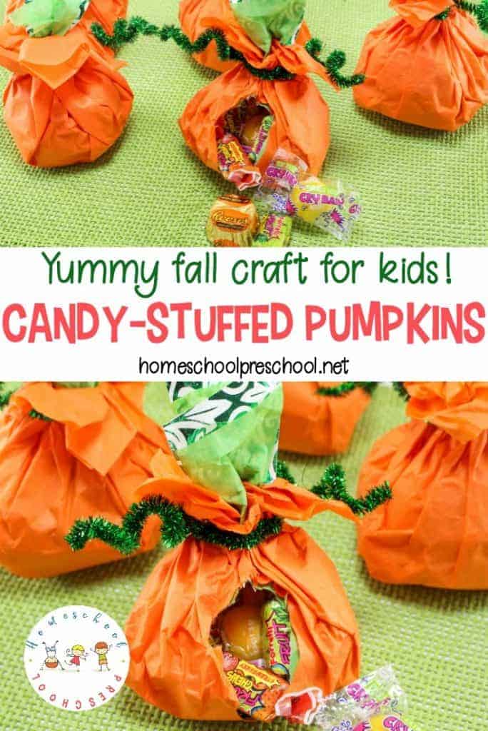 Candy stuffed pumpkins will make cute centerpieces at your autumn celebrations. The best part is that they're simple enough for kids to do!