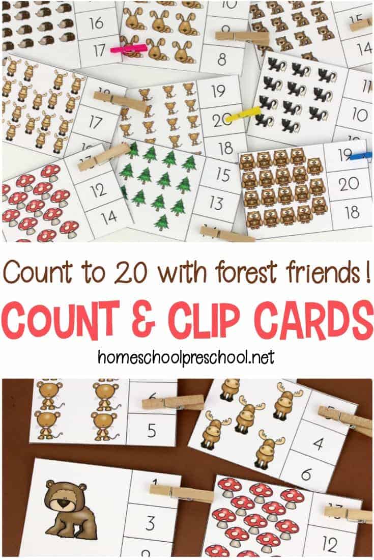 Preschoolers can practice counting to twenty with these forest-themed count and clip cards. A preschool counting printable that works fine motor skills, too!