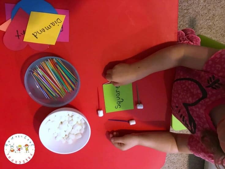 Incorporate STEM into your homeschool preschool lessons. Kids will enjoy building shapes with marshmallows and toothpicks for hands-on math practice. 