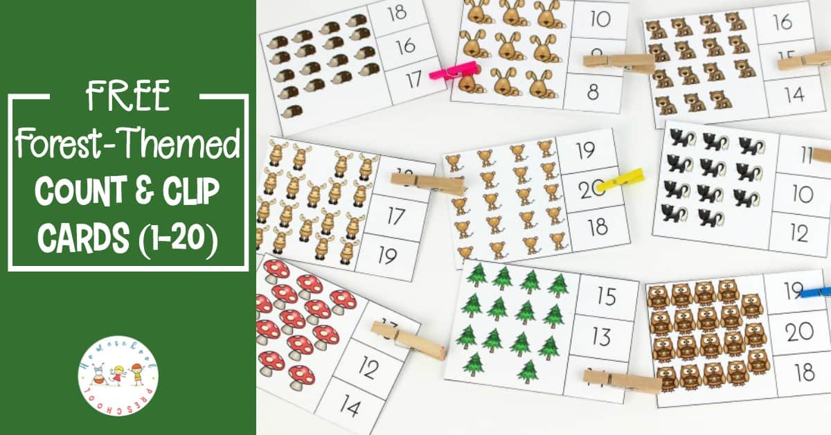 Preschoolers can practice counting to twenty with these forest-themed count and clip cards. A preschool counting printable that works fine motor skills, too!