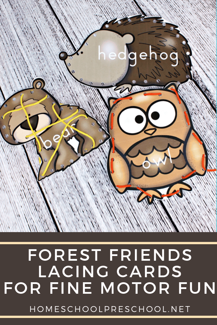 This set of forest animal printable lacing cards for preschoolers is perfect for practicing fine motor skills or beginning sewing practice.