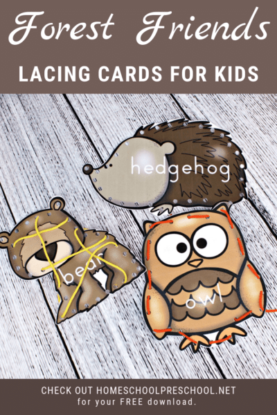 This set of forest animal printable lacing cards for preschoolers is perfect for practicing fine motor skills or beginning sewing practice.