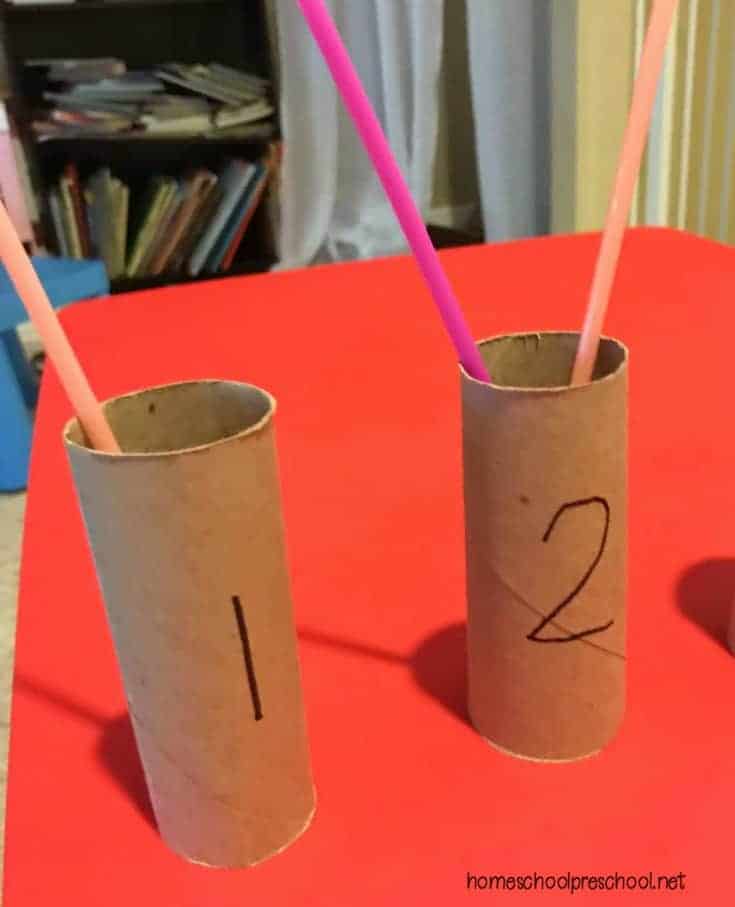 Come discover a fun way to teach preschool numbers and counting with straws and toilet paper tubes. This simple, hands-on activity is the perfect preschool math activity. 