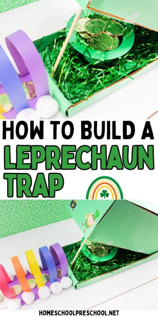 Shoe box leprechaun trap with rainbow paper, cotton ball clouds, gold coins, green paper filler, and dowel rod prop for a St. Patrick’s Day preschool craft