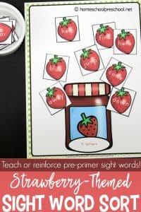 Strawberry Themed Beginning Sight Words Sorting Activity