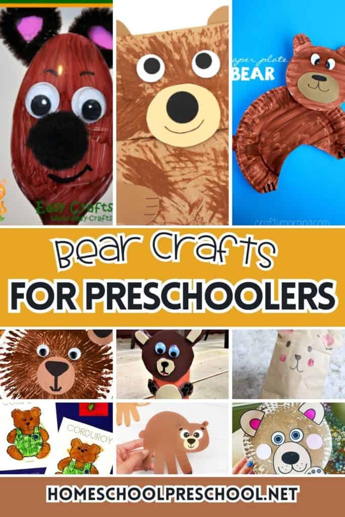Bear crafts for preschoolers collage featuring paper plate bears, paper bag bears, painted bear crafts, and simple cut-and-paste bear activities for kids