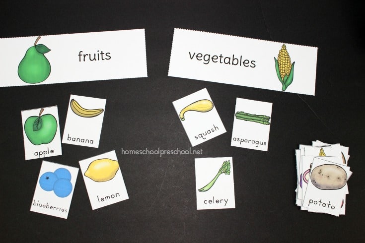 Print out and sort all types of foods with this pack of preschool food theme sorting activities. Sort by color, fruits and vegetables, healthy and unhealthy foods. 
