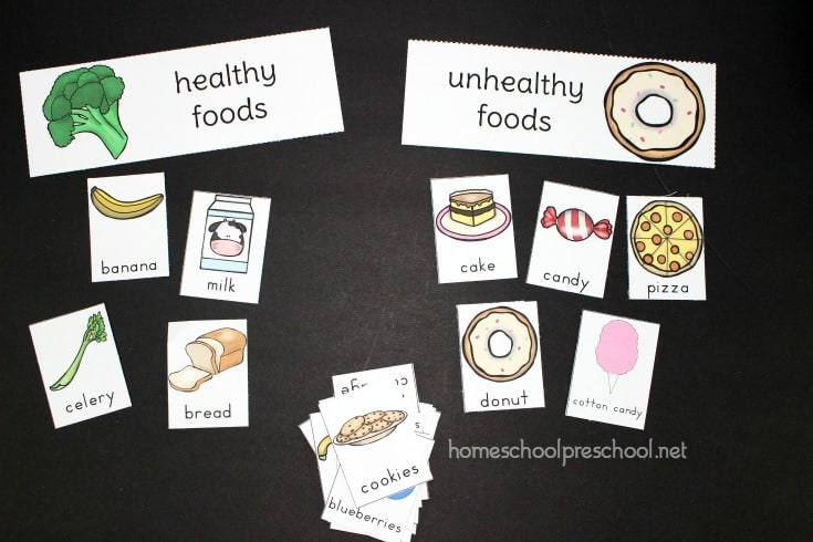 Print out and sort all types of foods with this pack of preschool food theme sorting activities. Sort by color, fruits and vegetables, healthy and unhealthy foods. 