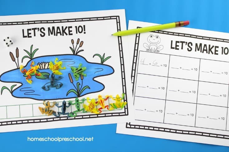Preschoolers will enjoy playing this hands-on frog math game to help them practice counting and addition to ten. This fun math frog game is a fantastic addition to your spring homeschool lessons.