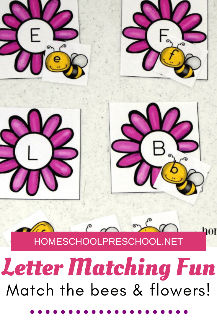 What's the buzz? This bee-themed alphabet match is just one of many letter matching games you can add to your homeschool preschool lessons this spring!