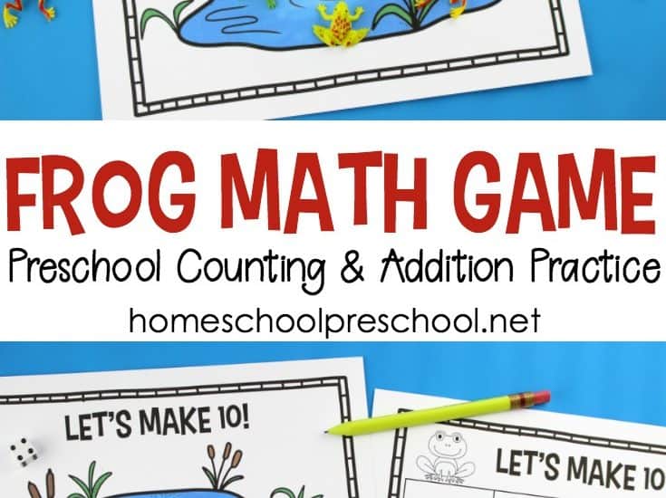 Preschoolers will enjoy playing this hands-on frog math game to help them practice counting and addition to ten. This fun math frog game is a fantastic addition to your spring homeschool lessons.