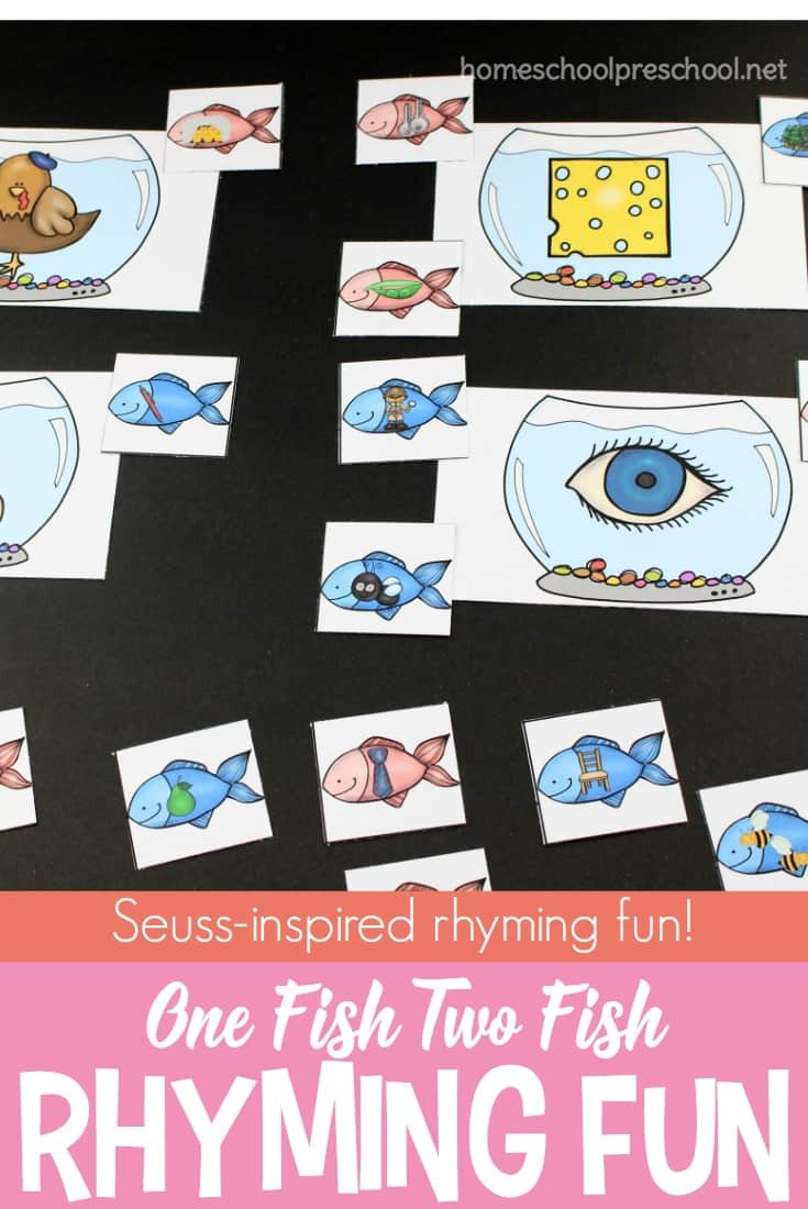 Practicing rhyming words doesn't have to be boring! Change things up with this pack of One Fish Two Fish rhyming activities. It's perfect for your homeschool preschool literacy lessons.
