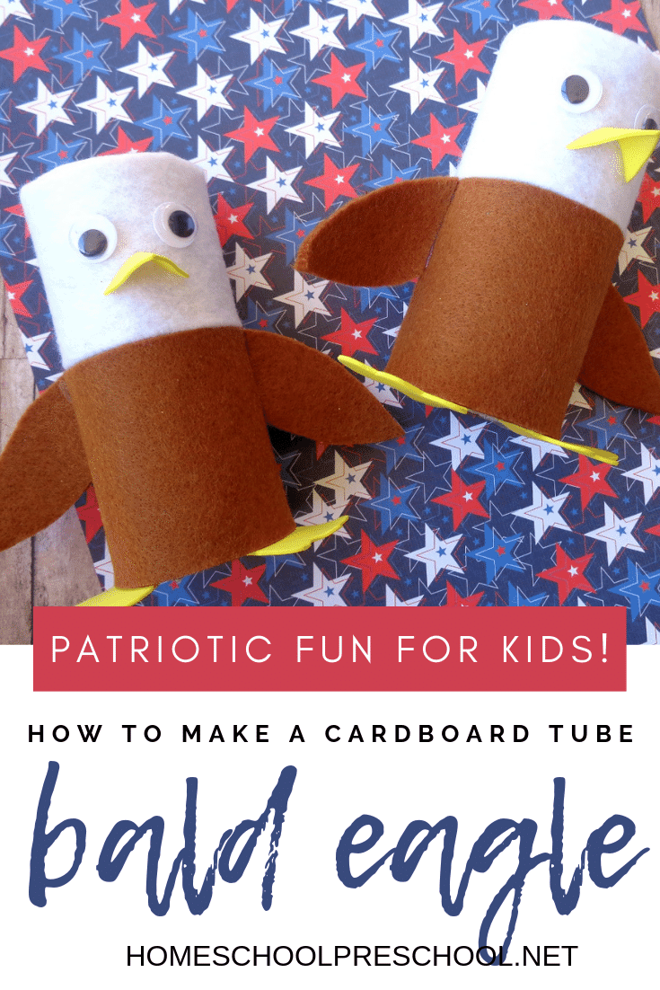 Make this bald eagle toilet paper roll craft with your preschoolers to celebrate July 4th. It's also a fun craft to add when learning about birds. 