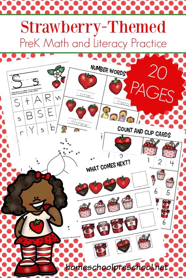 Download these FREE strawberry preschool printables. They will help preschoolers practice shapes, ABCs, counting, and more!