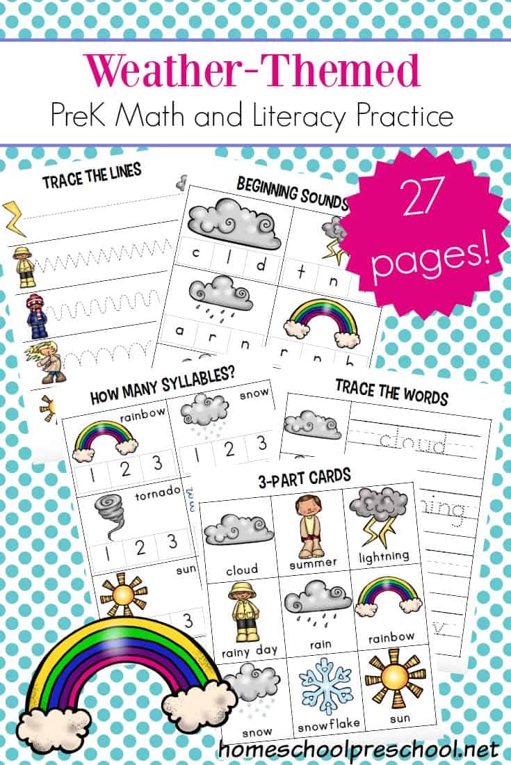 Check out these FREE weather worksheets for preschool. They will help little ones learn colors, ABCs, and beginner math. They're perfect for summer learning!