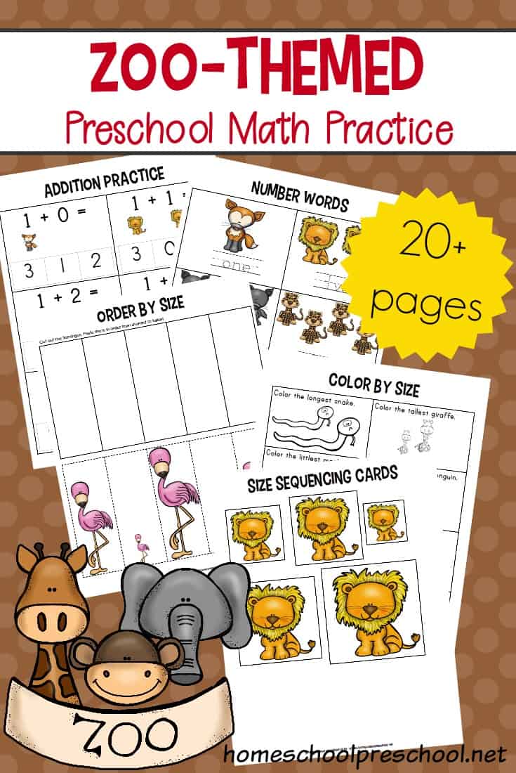 Download these free zoo-themed preschool math worksheets which focus on counting, adding and subtracting, and sequencing by attribute.