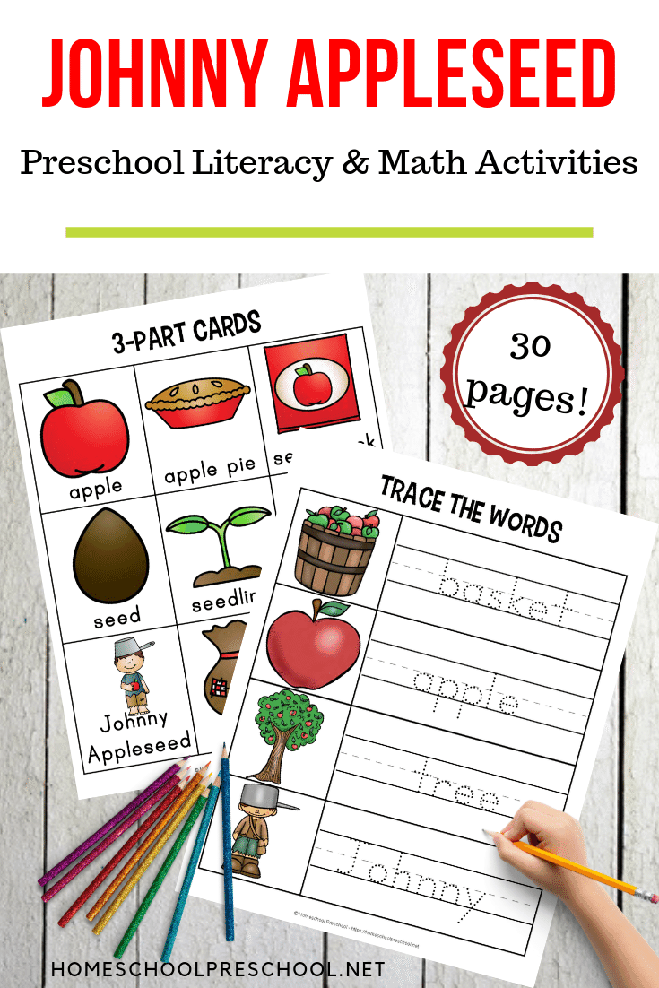 Whether you're celebrating Johnny Appleseed Day or supplementing your apples preschool theme, don't miss this free Johnny Appleseed preschool activity pack!