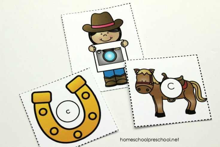 Add this ABC match game to your cowboy, cowgirl, and horse themed homeschool preschool lessons. Kids will match letters and beginning sounds.