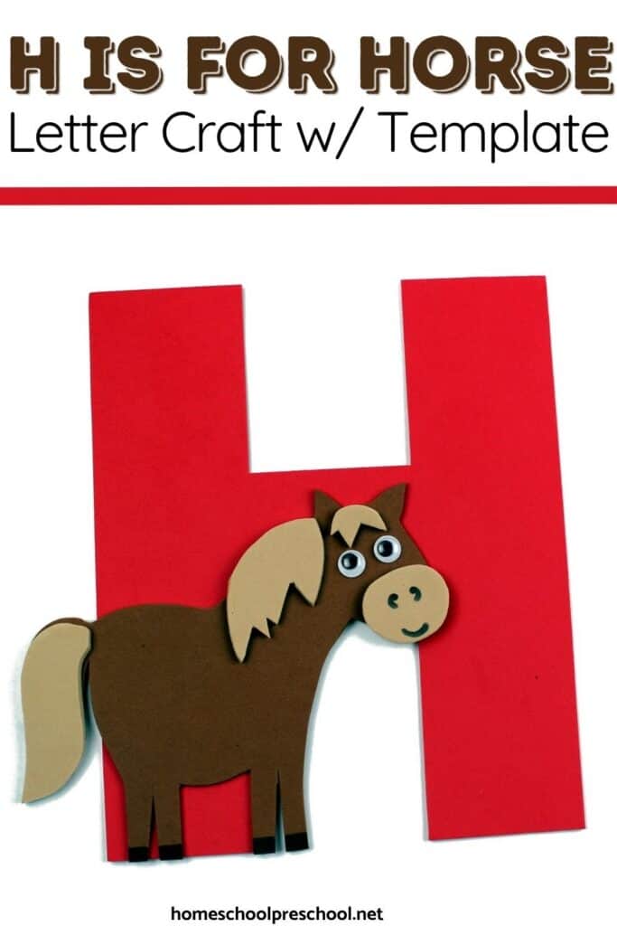 H is for horse letter craft with printable template, brown horse glued onto a red letter H, preschool alphabet craft for letter recognition