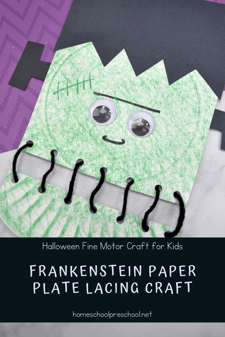 Kids will love building their fine motor muscles as they lace up this super fun Frankenstein paper plate craft. Perfect for Halloween preschool activities!