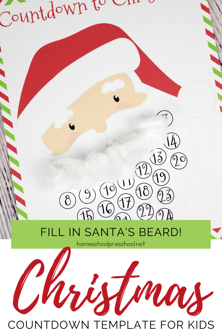 Kids will love filling in Santa's beard with pom poms or cotton balls on this Christmas countdown template! No more "how many more days" questions!