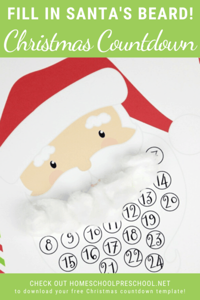 Kids will love filling in Santa's beard with pom poms or cotton balls on this Christmas countdown template! No more "how many more days" questions!