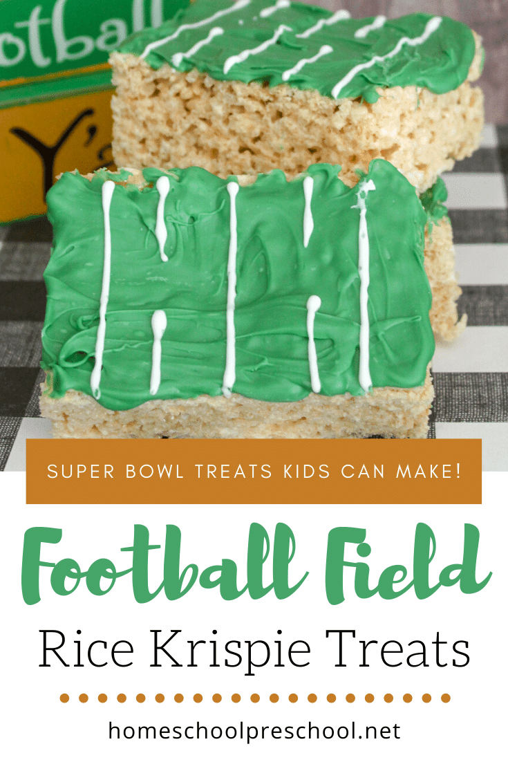 Super Bowl Sunday is around the corner! Show up at your Super Bowl party with a Rice Krispie Treat Football Field snack that's easy enough for kids to make.