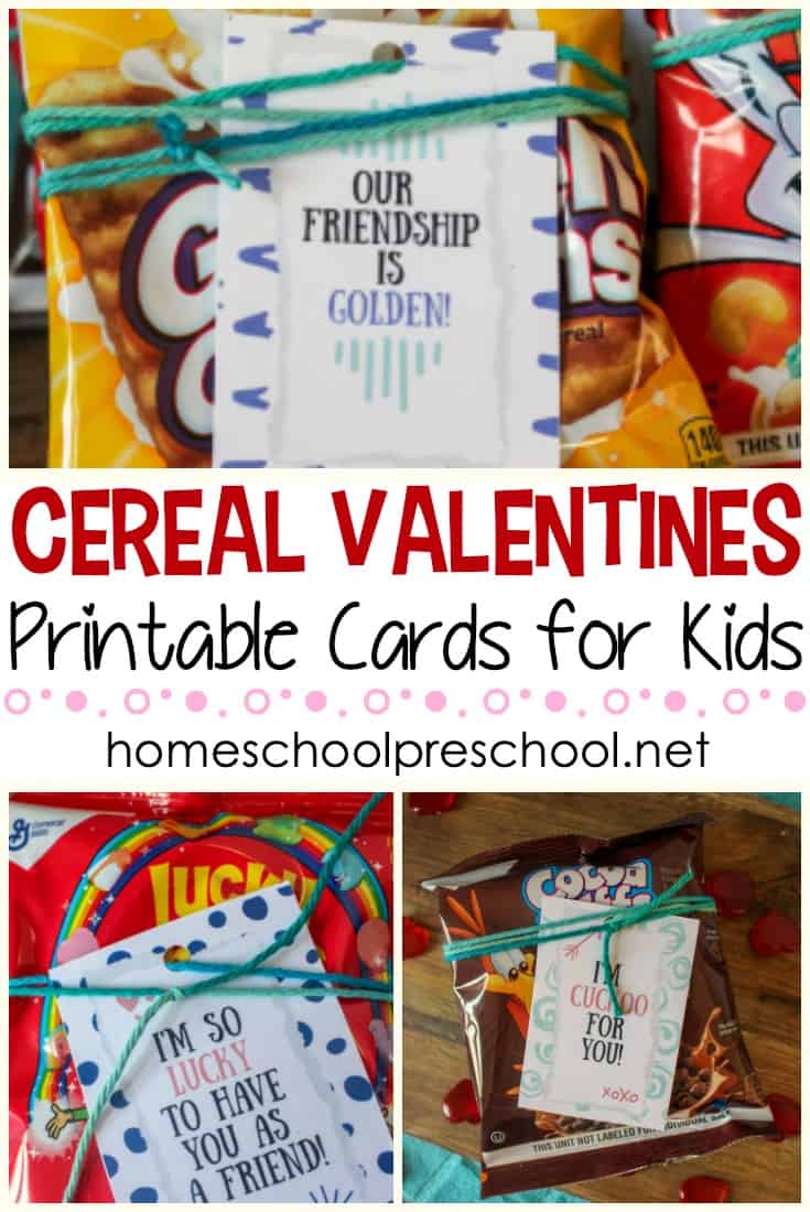 You're going to love this super simple Valentine idea. All you need is this set of cereal Valentines and some small boxes/pouches of cereal!
