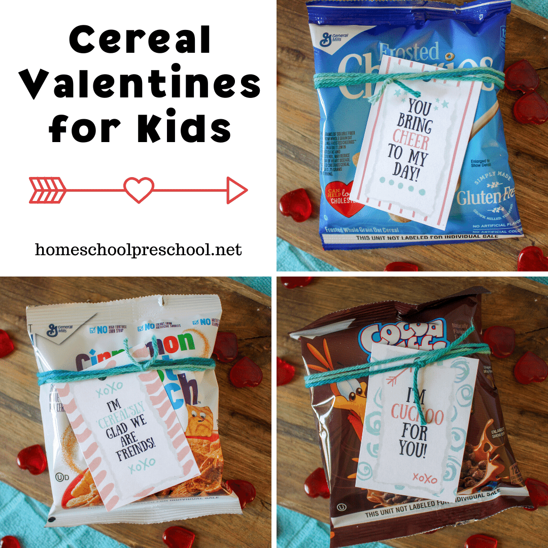 You're going to love this super simple Valentine idea. All you need is this set of cereal Valentines and some small boxes/pouches of cereal! 