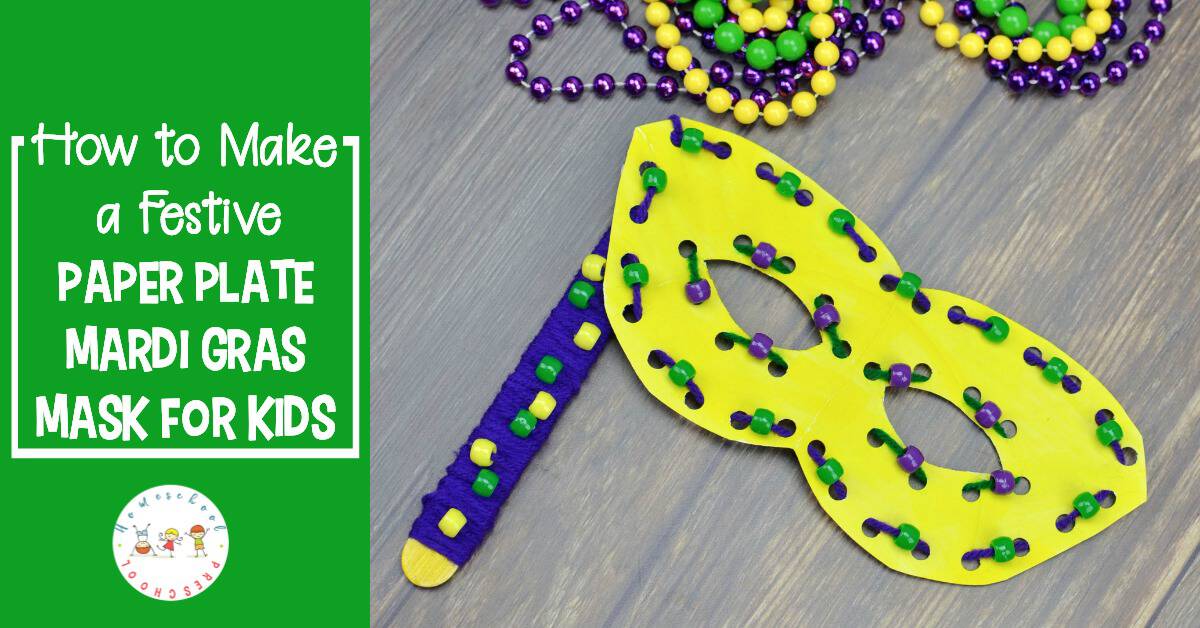 You don't want to miss this festive Mardi Gras paper plate craft for kids! Come see how to turn a paper plate into a fun beaded Mardi Gras mask for kids to wear!