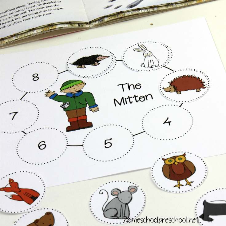Young learners will practice ordering events with this set of  The Mitten story sequence activities. Set includes sequencing discs, mat, and character cards.