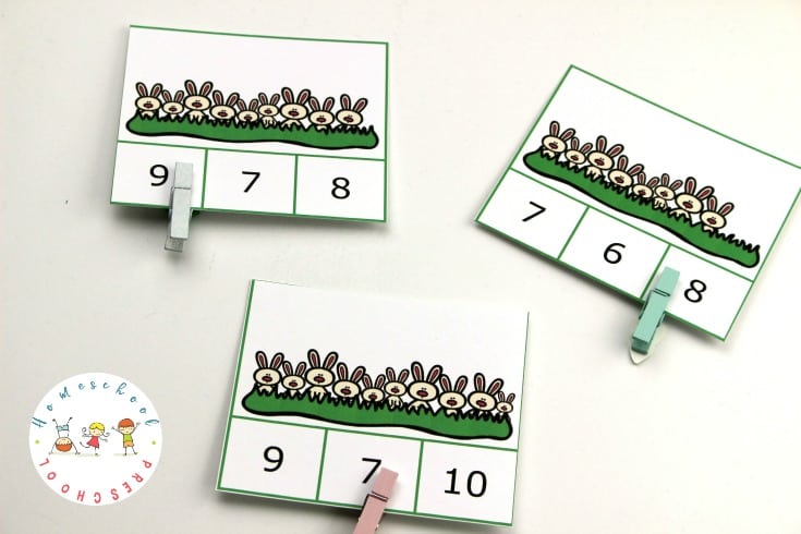 Kids can practice number recognition and counting to ten with these Easter count and clip cards. They are great for fine motor practice, too. 