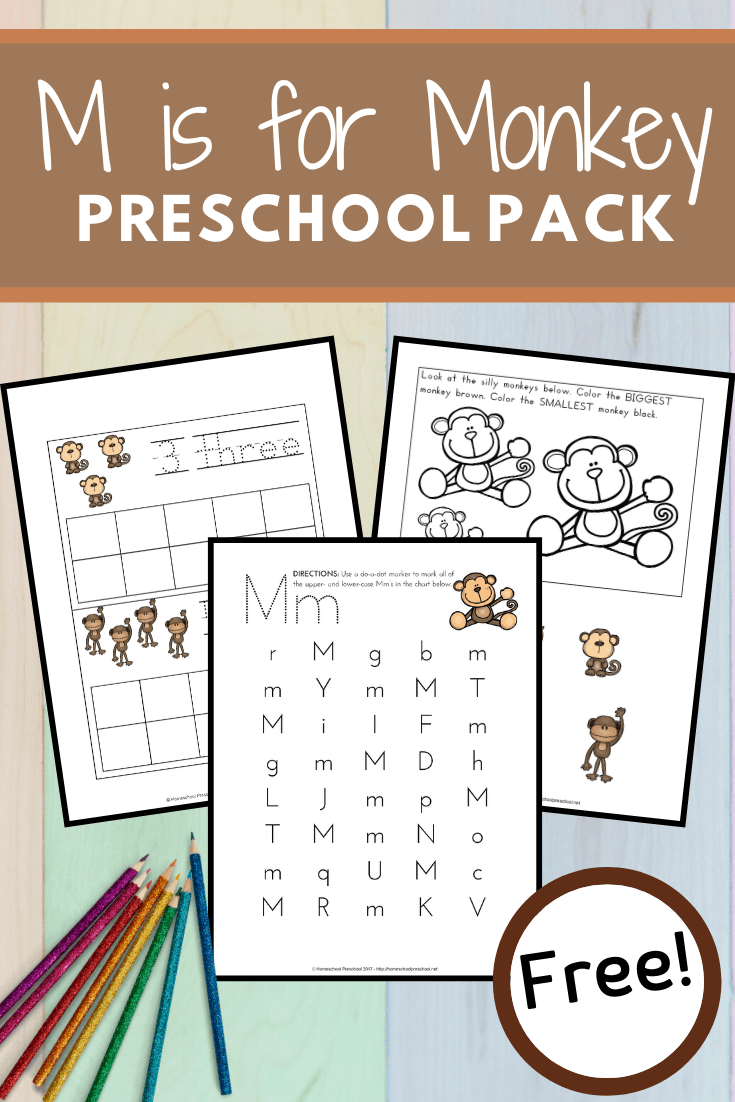 M is for Monkey Preschool Pack text with image examples of pages