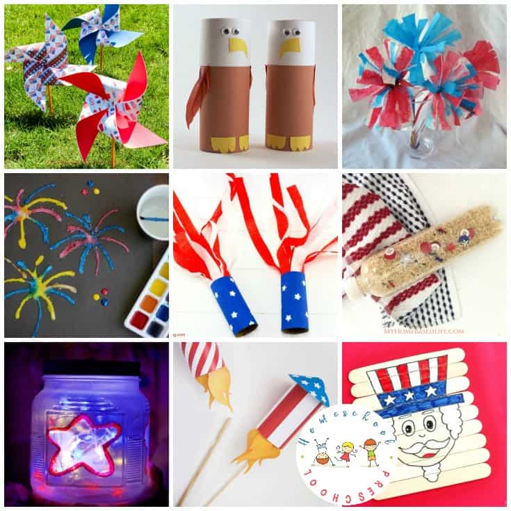 Patriotic crafts for preschoolers. 25 amazing ideas for patriotic kids! Rockets, pinwheels, sensory bottles, and so many more creative ideas.