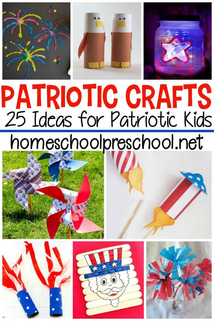 Patriotic crafts for preschoolers. 25 amazing ideas for patriotic kids! Rockets, pinwheels, sensory bottles, and so many more creative ideas.