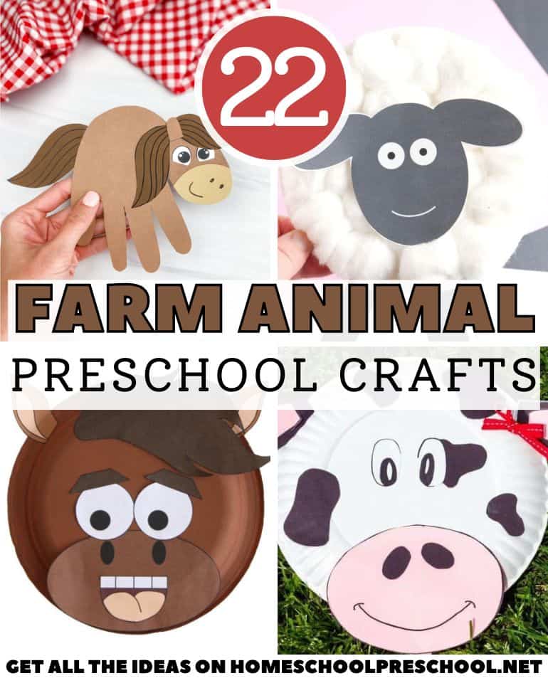 Paper plate cow craft with a smiling face, part of a preschool farm animal crafts collage featuring simple, kid-friendly projects.