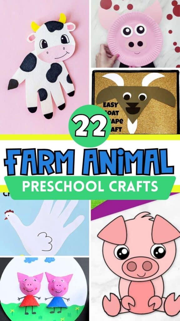 Green banner with the words “Preschool Crafts” over a background collage of simple farm animal craft ideas for kids.