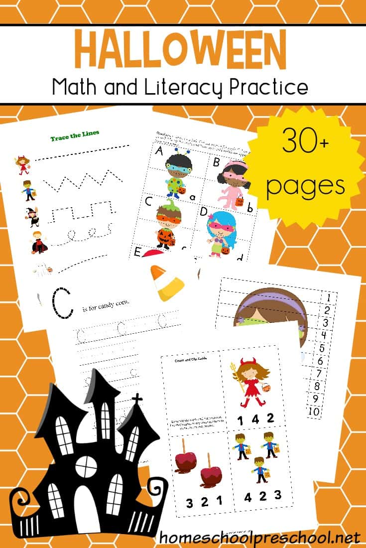 Download and print these educational Halloween printable activities for preschoolers! Focus on early math and literacy skills with your little ones.