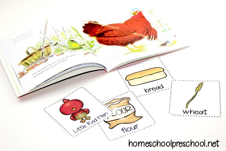 Kids can practice storytelling with these free printable Little Red Hen sequencing cards. They can be used in three hands-on activities.