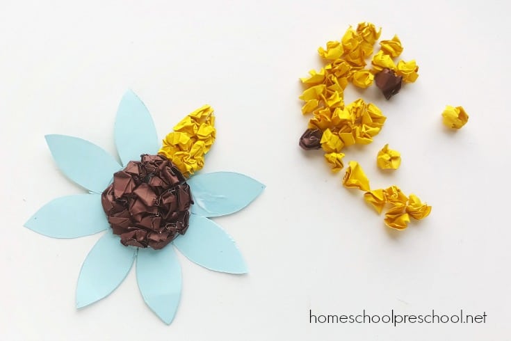 This summer, work on fine motor skills with this crumpled paper sunflower preschool craft. It's perfect for little ones and looks great on display!