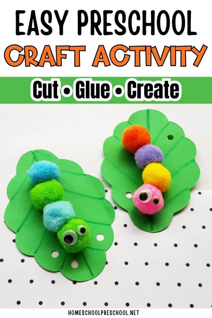 Pom pom caterpillar preschool craft on green leaf templates with googly eyes and colorful pom poms for an easy spring preschool activity.