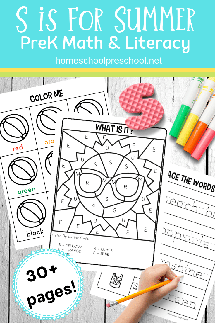Download this free S is for Summer printable! It's packed full of fun math and literacy learning activities for preschoolers.
