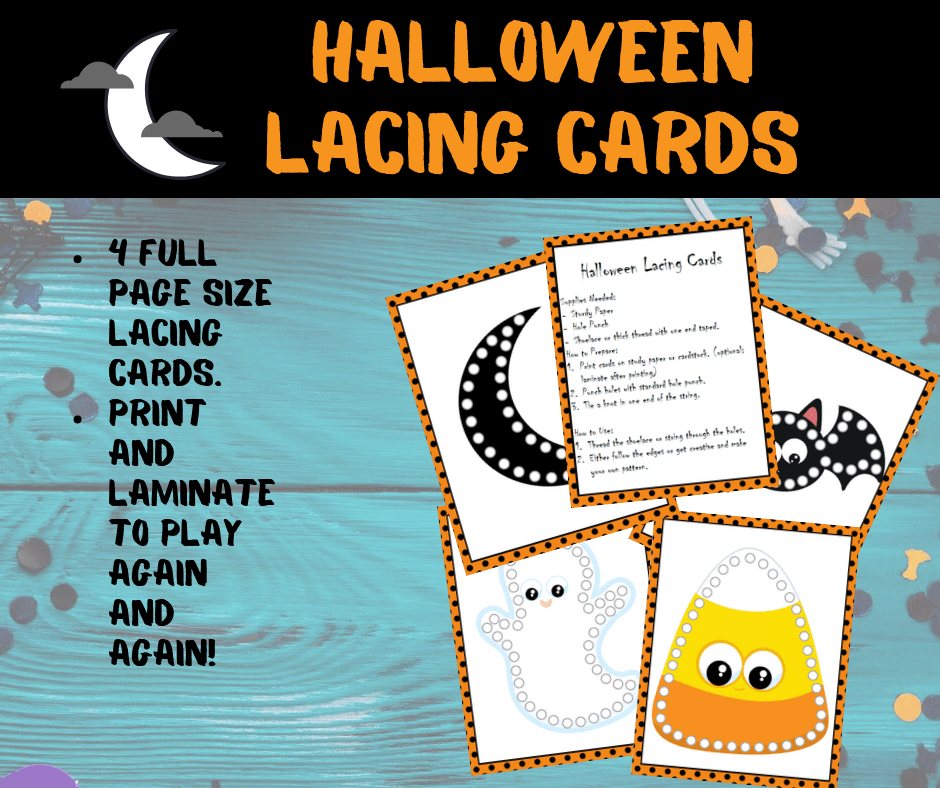 Grab this set of Halloween printable lacing cards for a fun fine motor activity for preschoolers! They'll love lacing these cards over and over again.
